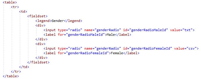 Code for gender fieldset/legend
